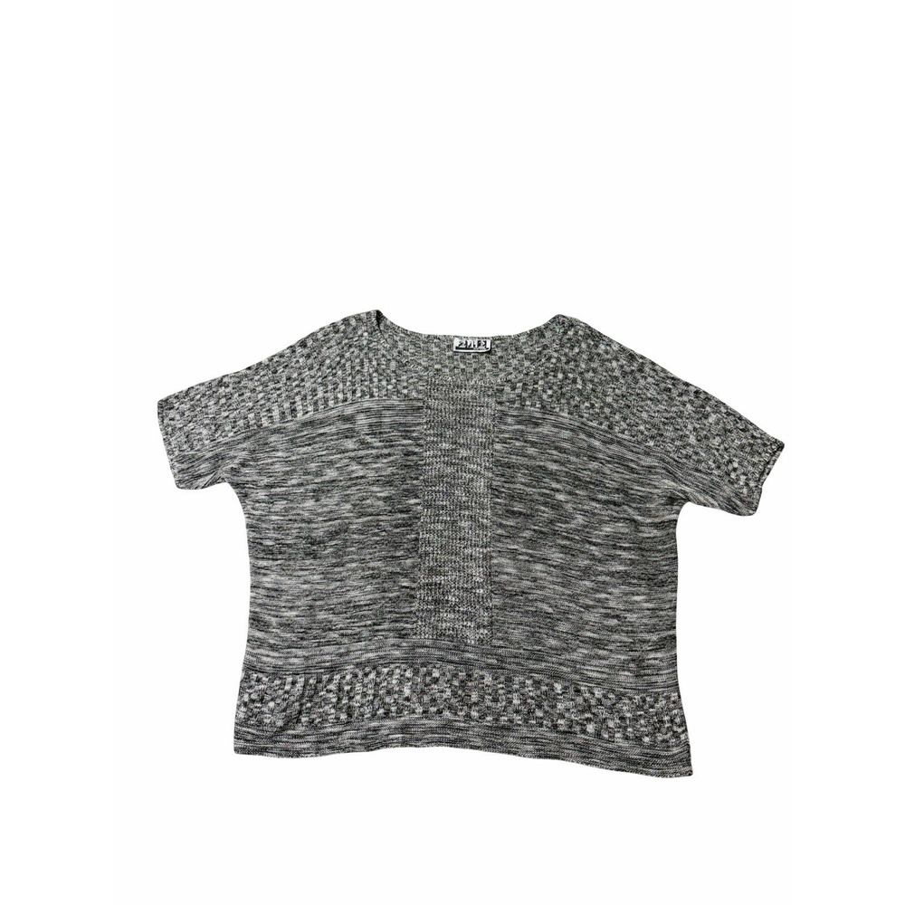 Two One Two NY Gray Marled Knit Sweater M Boxy Short Sleeve Textured Lightweight